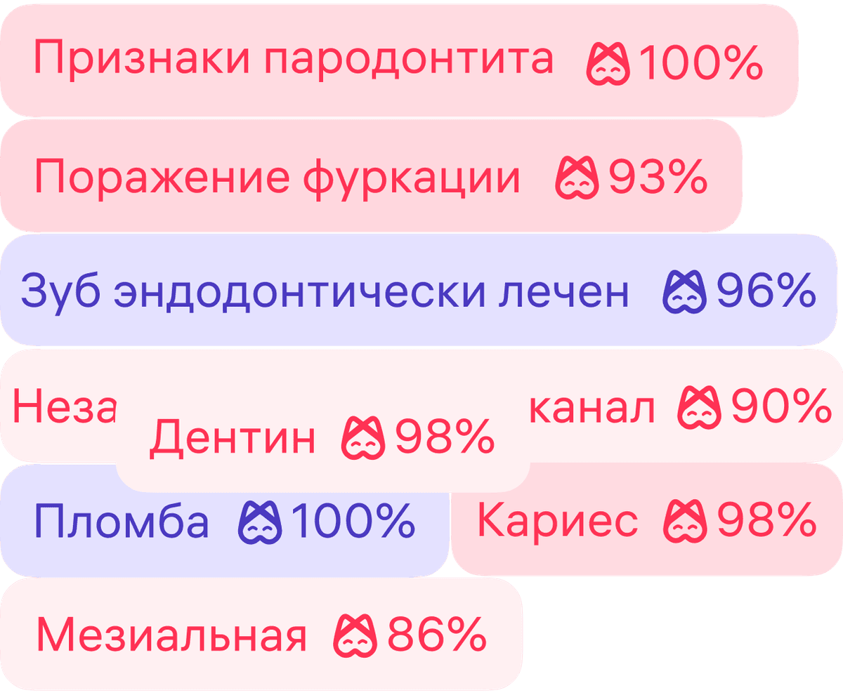 [object Object], Красным цветом отмечены патологии, фиолетовым обозначены признаки ранее проведенного лечения.